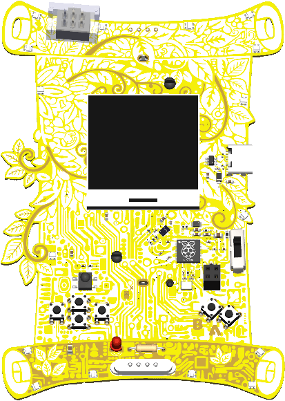 Wordweaving Badge — A golden circuit-board handheld game badge shaped like an ornate scroll