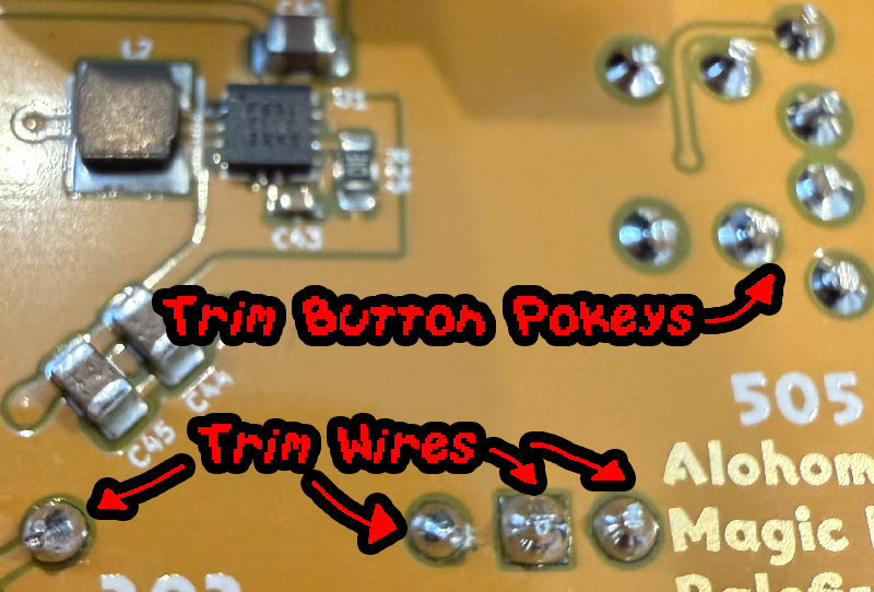 Back of PCB: Trimming 4 component wires and 6 button pokey legs